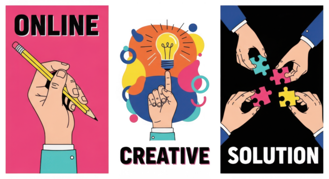 A triptych of illustrations showing hands engaged in online writing, a lightbulb idea, and assembling puzzle pieces for a creative solution isolated on transparent background