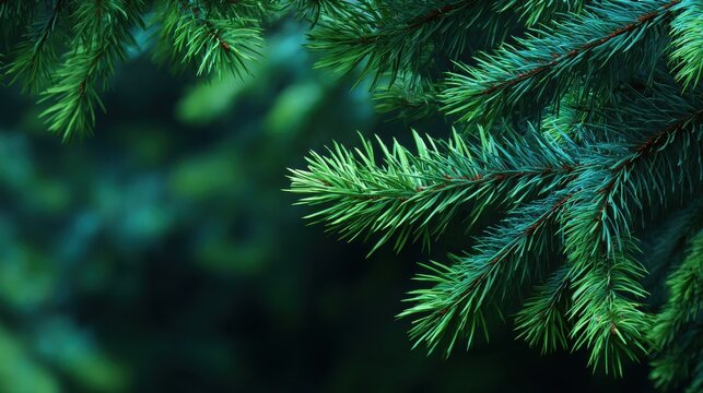 beautiful christmas background with green fir tree brunch close up copy space trendy moody dark toned design for seasonal quotes vintage december wallpaper natural winter holiday forest backdrop  - Powered by Adobe