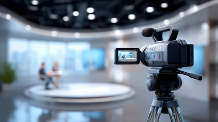 Obraz premium Minimal modern television studio features video camera on tripod, capturing live interview. sleek design and professional setup create engaging atmosphere for viewers