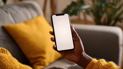 young black african woman holding smartphone in hand with white black empty mockup screen template using cell phone relaxing on sofa at home over shoulder view mobile apps advertising concept no logo