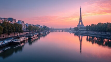 Naklejka premium seine in paris with eiffel tower in sunrise time no logos no brands ar 169