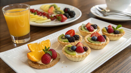 Obraz premium Exquisite Fruit Tartlets with Fresh Orange Juice A Delicious and Nutritious Breakfast or Dessert Platter
