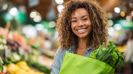 sustainability and people concept  happy smiling young african american woman with green reusable canvas bag for food shopping over grocery store background no logos no brands ar 169