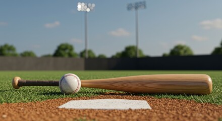 A close-up view of a baseball bat and ball on the field resting on home plate with stadium lights in the background during daytime