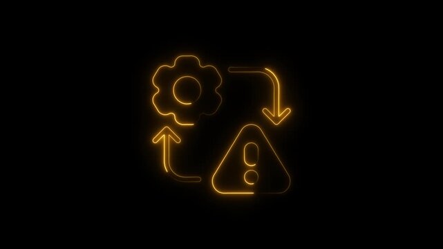 Neon gear icon with warning symbol and circular arrows indicating process flow error or system