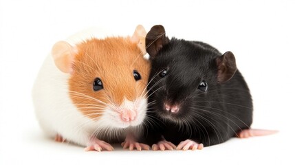 Two adorable pet mice, one orange and white, the other black, snuggle closely together against a light background.