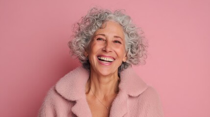 horizontal shot of happy retired woman with grey curly hair smiles broadly has white perfect teeth wears bathing suit and coat glad to meet with grandchildren isolated on pink background no logos no 