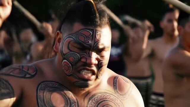 Maori warrior yells, face paint, outdoor event