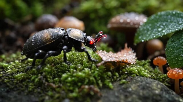 A shiny beetle crawls across vibrant moss in a lush forest setting with mushrooms, an inspiring shot of nature's resilience