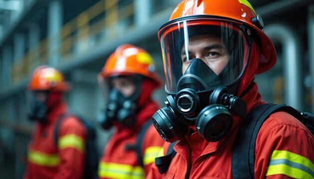 Three professionals in fire-resistant suits, self-contained breathing apparatuses SCBA stand ready in petrochemical plant. Wear orange hard hats, full face masks, equipped for hazardous environments.