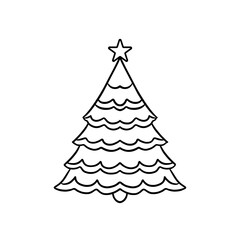 Christmas coloring page of a decorated tree for kids. Fun and simple outline illustration perfect for children’s activities