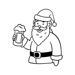 Christmas coloring page of Santa Claus holding a hot drink. Fun and simple outline illustration perfect for children’s activities