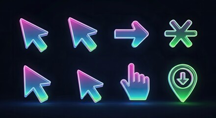 A collection of eight neon glowing cursor icons including arrows hand and location pin on dark background