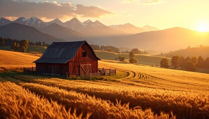 Rural Serenity: A Barn Amidst Golden Fields at Sunset with Mountain Backdrop