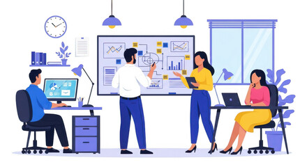 A team of professionals collaborating in an office, with one person presenting a strategy on a whiteboard to colleagues isolated on transparent background