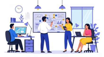 A team of professionals collaborating in an office, with one person presenting a strategy on a whiteboard to colleagues isolated on transparent background