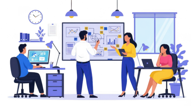 A team of professionals collaborating in an office, with one person presenting a strategy on a whiteboard to colleagues isolated on transparent background