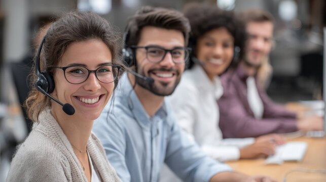 group of smiling telemarketers working together in an office no logos no brands ar 169 - Powered by Adobe