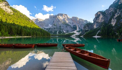 Scenic alpine lake with boats