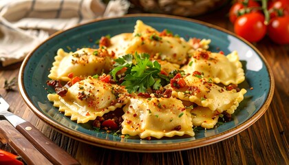 Delicious Ravioli with Sun-Dried Tomatoes and Herbs on Rustic Wooden Table