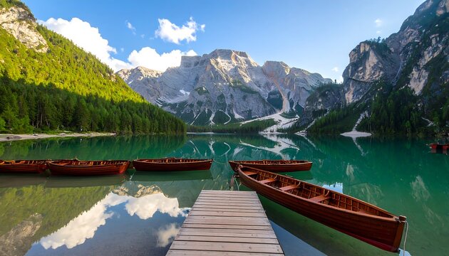 Scenic alpine lake with boats - Powered by Adobe