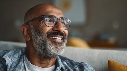 happy mature middle eastern man wearing eyeglasses sitting on couch portrait of indian man relaxing at home and looking away with big smile mid adult guy with specs thinking about his future no logos