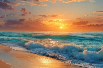 Golden sunset over ocean waves and sandy beach