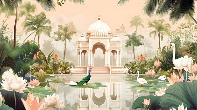 Ornate mughal inspired garden with palace and wildlife in serene setting