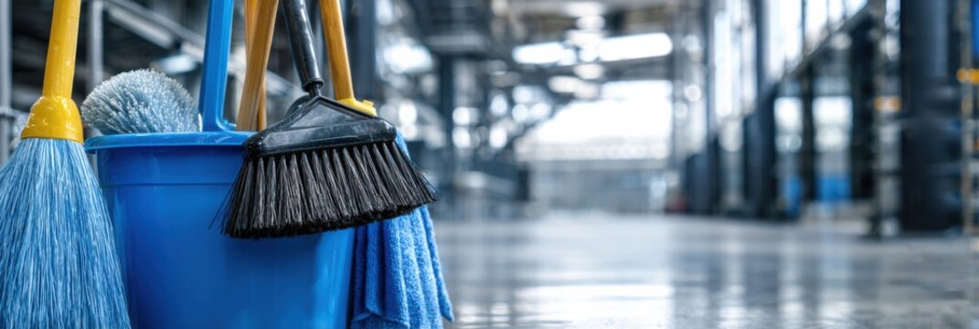 Cleaning Tools Arranged in a Blue Bucket on a Polished Warehouse Floor During a Bright Daytime Setting With Natural Light Streaming In