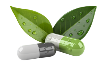 Natural medicine capsules with fresh green leaves promoting wellness and healthy living