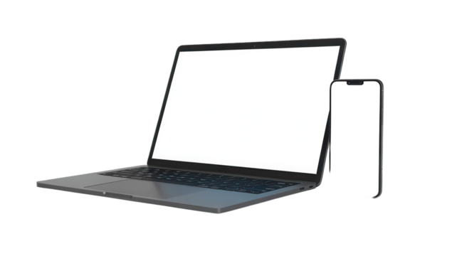 Laptop and smartphone with blank white screens modern devices for responsive design isolated on whit