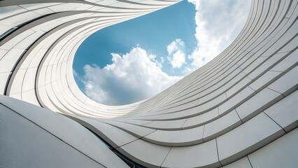 Futuristic twisting facade made of white layered waves, opening into the sky, clean minimal surreal geometry wallpaper.