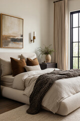 Cozy modern bedroom with earthy tones and natural light enhancing relaxation and comfort