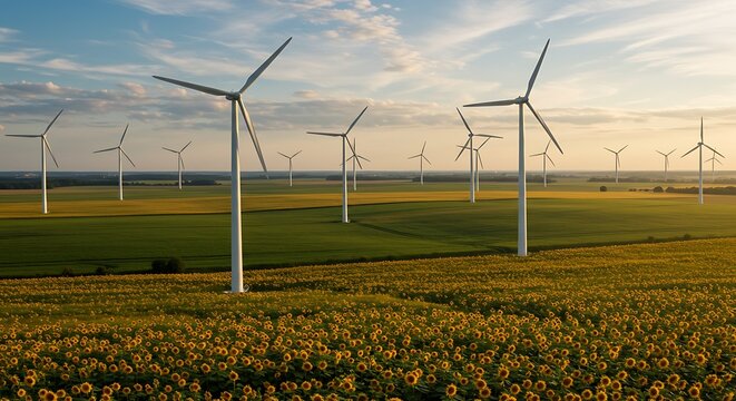 Wind turbines over a vast sunflower field at sunset. A powerful symbol of renewable energy and sustainable agriculture coexisting in a beautiful landscape.