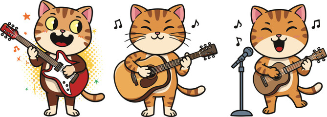 Cartoon cats playing musical instruments in fun concert scene with guitars, microphone, music notes, colorful background, joyful performance vectorCartoon cats playing musical instruments in 