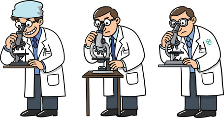 Cartoon Scientists Using Microscopes in Lab Environment with Diverse Expressions and Lab Coats – Scientific Research Vector IllustrationCartoon Scientists Using Microscopes in Lab 