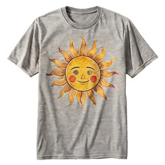 Graphic tshirt with a vintage sun illustration featuring a smiling face and radiating rays, front view