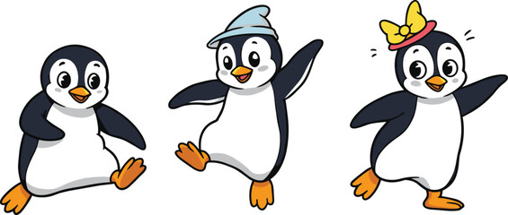Cute Dancing Penguins in Winter Hats – Fun Cartoon Animals for Kids, Holiday Celebration, Joyful Movement, Vector Illustration for Stock UseCute Dancing Penguins in Winter Hats – Fun 