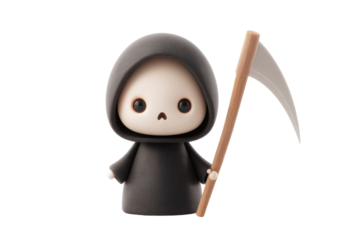 Cute kawaii grim reaper character with scythe in black hooded robe, cut out