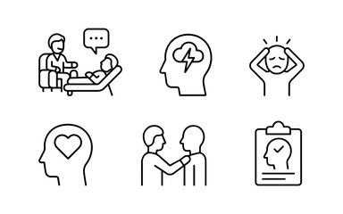 Set of black line icons illustrating psychological therapy and mental health support.