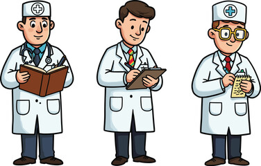 Professional cartoon doctors with clipboards standing and writing notes in medical uniforms for healthcare, hospital, and clinic illustrations.