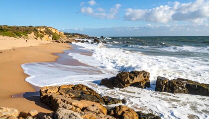 Waves crash on rocks at beach, with sand, hills, and a few clouds overhead