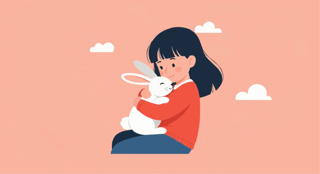 World animal day  illustration of a girl hugging a rabbit pet animal friendship love care happy child cute bunny vector art vector