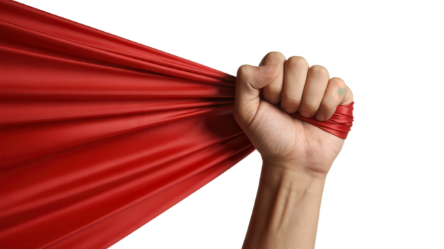 Hand pulling red fabric isolated on white concept for strength and determination
