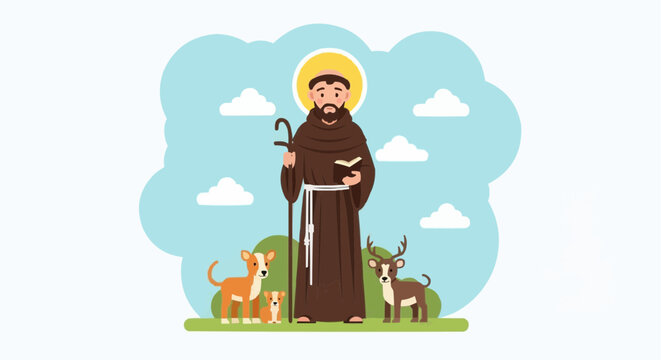 World animal day  saint francis of assisi illustration vector art, catholic saint with animals, dog, deer, nature background vector
