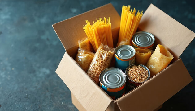Cardboard box filled with non-perishable groceries. Includes pasta, canned goods, cereal. Represents food donation, charity drive, community support. Essential provisions for food banks helping in