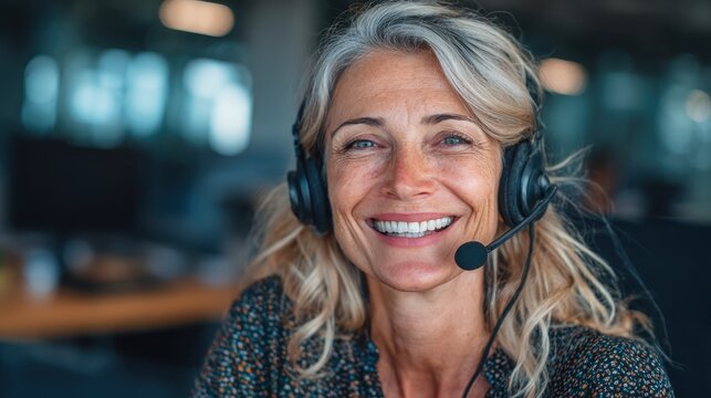call centre operator with headset on support hotline working from home mature positive agent in conversation with customer over headset happy middle aged businesswoman talking in a conference call no