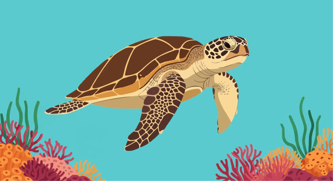 World animal day  sea turtle swimming in ocean with coral reef illustration wildlife aquatic animal marine life underwater scene vector