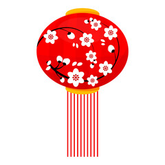 Red Chinese round lantern with cherry blossom branches for Chinese New Year