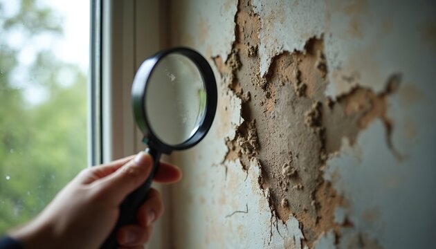 Hand holds magnifying glass examining damaged wall with peeling paint. Close-up view reveals texture and extent of decay. Essential for home inspection, mold identification, and remediation planning.